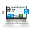 HP 2022 15.6" FHD Touchscreen Laptop, Intel Core i5-1135G7 Processor, 32GB DDR4 RAM, 1TB SSD, Intel Iris Xe Graphics, HD Webcam, HD Audio, USB-C, Windows 11, Silver, 32GB SnowBell USB Card