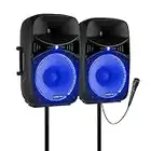 Vonyx VPS152A Altavoces autoamplificados Pack de 2 Altavoces Activos Bluetooth portátiles de 1000W, 15 Pulgadas, con micrófono con Cable, Control Remoto, Trípodes, Reproductor MP3 con USB y SD, Leds