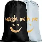 IHOMAGIC Lot de 2 Sac à Linge Large Sacoche à Linge Pliable Sac de Rangement avec Corde Léger Sac Visage Souriant doré pour Vêtement Sale 120L dans Chamber Hôtel Dortoir, Voyage, Noir/Argent