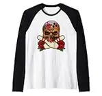 Broken Skull Skeleton Head With Rose Holding Bowling Pins Raglan Baseball Tee