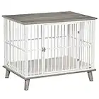 PawHut Cage pour Chien Moyens Animaux avec Coussin Amovible Lavable Porte verrouillable avec loquet Acier Panneaux de Particules Blanc chêne Gris