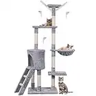 HOMIDEC Arbre à chat stable multi-niveaux avec griffoir sur les poteaux, tour d'escalade, arbre d'activités avec échelle, maison de jeu intérieure pour chaton, 145 cm