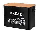 TeamFar Bread Box with Wooden Lid, 13.1” x 7.2” x 9.7” Metal Bread Container Storage Holder for Family Farmhouse Kitchen Countertop, Powder-Coated & Healthy, Large Capacity & Classic Pattern (Black)