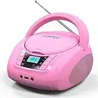 Portable CD Player Boombox Stereo - Bluetooth, USB Playback, FM Radio, AUX Input and Earphone Output, CD/MP3 Player (Pink)