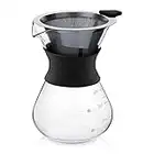 YunNasi Caffettiera Pour Over Coffee Maker Dripper Manuale per Fare il Caffè con Caraffa in Vetro e Filtro Permanente Riutilizzabile in Acciaio Inox Adatto per Polvere di Caffè Macinato,400ml