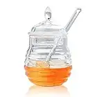 Honey Pot with Dipper, 250ml Plastic Honey Jar Transparent Honey Dispenser Honey Container Syrup Containers Jam Jar with Lid for Home Kitchen Storing and Dispensing Honey