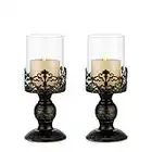 Sziqiqi Candelabros de Huracán Negro Angustiado Vintage 2 Piezas, Pedestal Metálico Versátil Base de Centro Floral de Vidrio para Fiesta Boda Decoración del Hogar Decoración de Chimenea 27cm