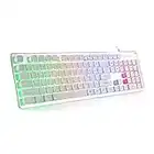 LANGTU Membrane Gaming Keyboard, Rainbow LED Backlit Quiet Keyboard for Office, USB Wired All-Metal Panel 25 Keys Anti-ghosting Computer Keyboard 104 Keys - L1 White/Silver