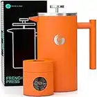 CAFETIERE A Piston/A Pression Orange 1 Litre en INOX de qualité supérieure avec parois isolantes - Votre café Reste Chaud Longtemps - Boîte de Conservation pour café moulu ou en Grains Offerte