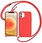 Loyhee Funda con Cuerda para iPhone 12 / iPhone 12 Pro, Líquida Silicona Carcasa con Cordón Ajustable Collar Correa de Cuello, Cubierta Prueba Golpes con Microfibra Forro - Rojo