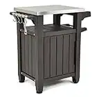 Keter Unity Portable 40 Gal Outdoor Table and Storage Cabinet w/Accessory Hooks, Stainless Steel Top for Patio Kitchen Island or Bar Cart, Dark Brown