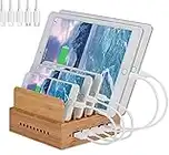 Yisen Wood Bamboo 5-Port USB Charging Station multi-function stand Organizer for iPhone, for iPad, Cell Phones, Tablets, E-readers, Power Banks (built-in USB charger, with UK plug power cord)