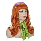 Lange gewellte orangefarbene Perücke | FVCENT Full Bangs Ginger Perücken Halloween Cosplay Kostüm Party Synthetische Perücke mit lila Kopfknall und grünem Schal (Daphne)