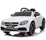 EPICSTUFF UK Licenciado MERCEDES-BENZ C63 AMG 12 V batería para niños con neumáticos de EVA, asientos de piel, mando a distancia para padres (blanco)