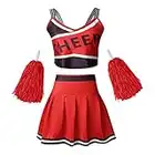 Colorful House Cheerleader Costumes for Womens Outfit Fancy Dress for School Uniform (Size XL, Red+Pom Poms)