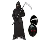 Grim Reaper Halloween Costume with Glowing Red Eyes for Kids, Scythe Included