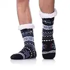 DYW Mens Fuzzy Slipper Socks Warm Thick Heavy Thermal Fleece lined Fluffy Winter Non Slip Socks (Dark Blue A)