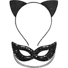 Glitter Cat Ears Headband Halloween Fancy Dress Cat Woman Hairband Cosplay with Cat Mask(Black)