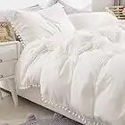 WONGS BEDDING White Duvet Cover Double Size Pompoms Tassels Design Soft Washed Microfiber with Zipper Closure (White, Double)