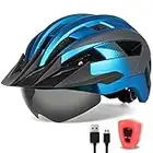 FUNWICT Casque Velo Adulte avec Visière et Lunettes Détachables, Feu Arrière à LED Rechargeable Casque VTT Casque Cyclisme pour Homme Femme et Adolescent, Taille M/L/XL (L: 57-61 cm, Bleu Gris)