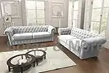 Chesterfield Style Corner Sofa Set 3+2 Seater Armchair Light Grey Fabric (3+2 Seater)