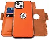 WenBelle for iPhone 14 Plus(6.7 inch), 2-in-1 Magnetic Detachable TPU Shockproof Genuine Leather Wallet Case,RFID Blocking Protection,Viewing Stand and Card Slots Flip Cases (Orange)