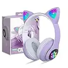 Auriculares para Niños Inalámbricos con Luz LED, Auriculares de Diademacon Orejas de Gato para Niñas, Bluetooth Plegables Auriculares con Micrófono para TV Regalo para Cumpleaños/Navidad (Violeta)