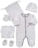 TROIS KILOS SEPT - Kit Naissance 6 Pièces - 1 mois - Velours Blanc - Motif Étoiles - (Pyjama, Body, Bonnet, Moufles, Chaussons et Pochon de Rangement) - Cadeau Bébé Mixte Garçon et Fille