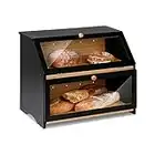 HOMEKOKO Double Layer Large Bread Box for Kitchen Counter, Wooden Large Capacity Bread Storage Bin (Black)