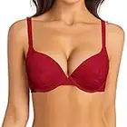 Plusfreeee Women Padded Push Up Underwire Everyday T-Shirt Bra with Sexy Lace Red