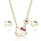 Hello Kitty Sanrio Girls Jewelry Set - Gold Plated 18+3 Necklace and Stud Earrings Officially Licensed