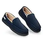 Dunlop Moccasins Slippers Men | Moccasin Loafers Faux Sheepskin Slippers with Rubber Sole | Classic Memory Foam Plush House Slippers | Breathable Indoor Outdoor Shoes (Navy, 10 UK, numeric_10)