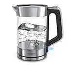 Arendo - Glas Wasserkocher Edelstahl - 1,7 Liter - 2200W - Cool-Touch-Griff - One Touch-Verschluss - Automatische Abschaltung - Integrierte Kabelführung - Überhitzungsschutz