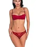 Bluewhalebaby Women's Underwire Push up Demi Balconette Bra and Knickers Set Lace Lingerie Sets Red 34B