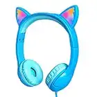 Olyre Auriculares para Niños, LED Auriculares Gato para Las Niñas, Auriculares con Volumen Limitado a 85 dB, Auriculares con Cable para Tablet, Cursos en línea, la Escuela, los Viajes (Azul)