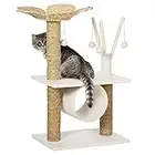 PawHut Árbol Rascador para Gatos Mediano Altura 91 cm Torre para Gatos con Cama Forma de Flor Plataforma Postes Rascadores Túnel y Bolas Colgantes 56x40x91 cm Blanco y Marrón