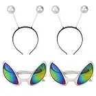 NAUZE Lot de 4 accessoires de costume d'alien - 2 lunettes de soleil extraterrestre avec 2 serre-têtes argentés pour fête d'Halloween