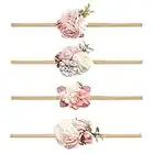 cherrboll 4pcs Baby Girl Headbands Flowers, Super Soft & Stretchy Nylon Floral Hairbands for Newborn Toddler