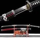 SCJSHU 104 cm echtes Katana,T10-Stahl-Brennklinge,Massivholz-Sprühlackscheide,handgefertigtes Samurai-Schwert für Geschenk,Cosplay,Display,Sammeln,Kendo,Kampfkunst,Wohnkultur, Red 104cm