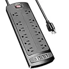 ALESTOR Power Bar,Surge Protector Power Strip with 12 Outlets and 4 USB Ports, 6 Feet Extension Cord (1875W/15A), 2700 Joules, ETL Listed, Black