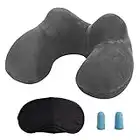 LUZWAY Almohada Inflable del Viaje, Cojín Inflable del Cuello de Viaje, Hecho de Terciopelo Suave y Funda Lavable con Tapones para los Oídos, Máscara de los Ojos y Bolsa de Transporte (Gris)