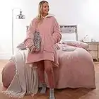 Sienna Coperta con cappuccio ultra morbida in pile sherpa, calda e confortevole, oversize indossabile, per donne, ragazze, adulti, uomini, ragazzi, bambini, grande tasca, colore: rosa cipria