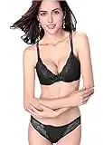 ZUKULIFE Nature Mujer Delgado De Encaje Push Up 3/4 Taza de Sujetador y Bragas Conjuntos - (Negro ES-85B)