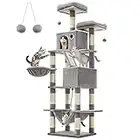 FEANDREA Cat Tree, 206 cm Large Cat Tower with 13 Scratching Posts, 1 Scratching Ramp, 2 Perches, 2 Caves, Basket, Hammock, Pompoms, Multi-Level Plush Cat Condo for Indoor Cats, Light Grey