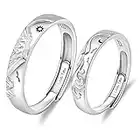 Bague de Fiançailles Homme Femme 2PCS Gravée I Love You, Anneau Réglable en Argent 925 avec Motif Soleil et Lune, Montagne et Mer Amour Éternel pour Anniversaire