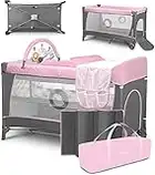 LIONELO Flower Camita de viaje 4 en 1 Para niños hasta 15 kg Colchón Organizador Cambiador Toy bar Juguetes interactivos 2 Reudas Compacta Bolsa para transportar Rosa y Gris