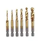 YUET 6pcs HSS Tap Drill Bit Set - 2-in-1 Combination Drills and Taps - M3-M10 Titanium Coated HSS Metric - Quick Change 1/4" Hex Shank Screw Taps Tool Set