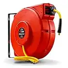 REELWORKS Air-Water-Hose-Reel Retractable 3/8" Inch x 50’ Feet Premium Commercial Flex Hybrid Polymer Hose Max 300 PSI Heavy Duty Polypropylene Case Construction Industrial Spring Driven