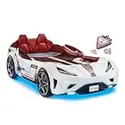 Cilek GTS EV Twin Race Car Bed, Remote Control, LED Lights, EV Sound FX, Vegan Leather Interior, License Plate, White