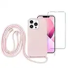 Yohii Funda con Cuerda para iPhone 13 Pro 6.1" con 1 Piezas Cristal Templado, TPU Silicona Protección Case Antideslizante rasguña Resistente con Ajustable Correa de Cuello Cadena Cordón, Rosado